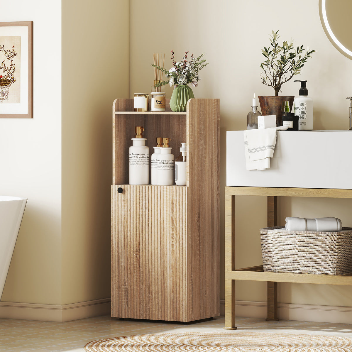 Mobiletto da bagno, mobile contenitore stretto a 4 livelli, armadietto, scomparto a giorno, 40 x 31 x 104 cm, rovere giallo