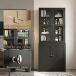 Bibliothèque vitrine, meuble de rangement à 6 niveaux avec 4 portes dont 2 en verre trempé, étagères réglables, noir