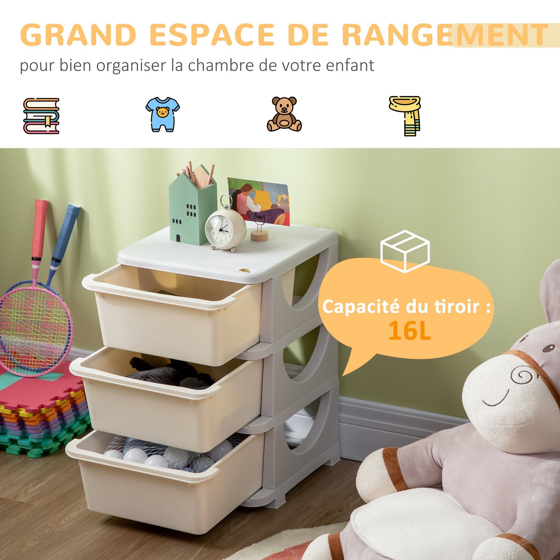 Organisateur de jouets pour enfants avec tiroirs à 3 niveaux, boîtes de rangement en plastique, 37 x 37 x 56,5 cm, crème