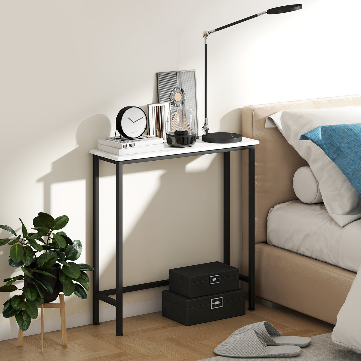 Console meuble 75 cm, table console plateaux en effet marbre, cadre en métal, style moderne blanc et noir