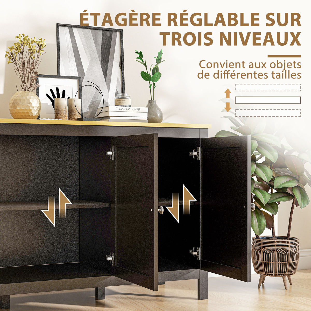 Buffet meuble de rangement avec 3 portes 2 étagères réglables plateau aspect bois clair 120 x 40 x 70 cm noir