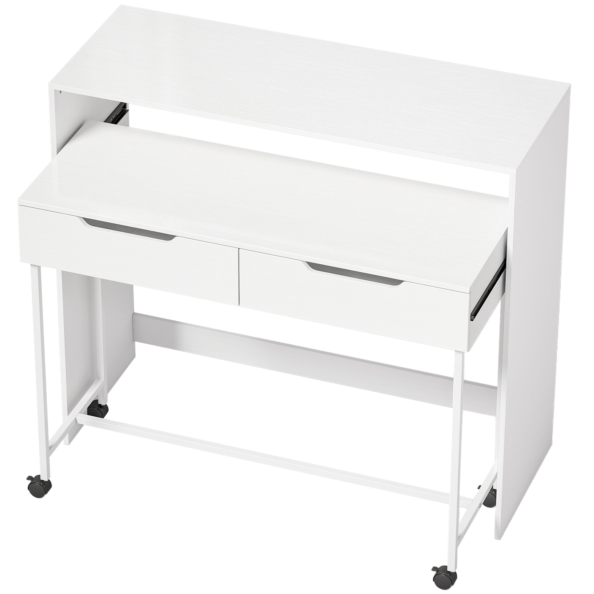 Bureau d'Ordinateur Extensible 100 cm avec 2 Tiroirs, Bureau avec Rangement, Style Moderne, Blanc