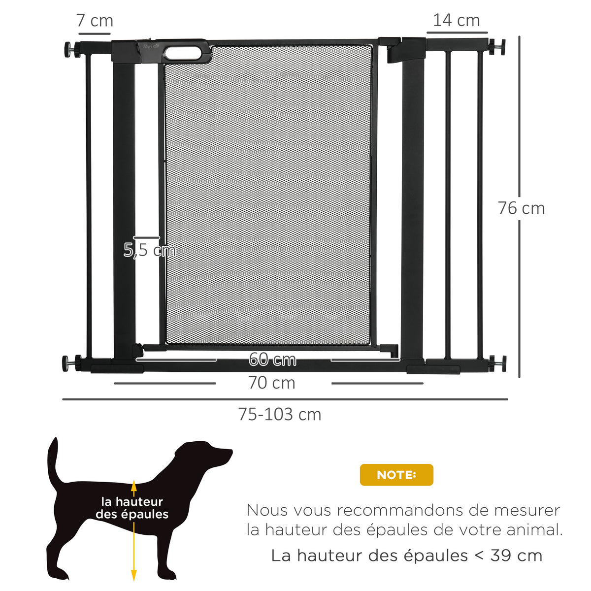 Barrière de sécurité pour animaux domestique avec fermeture automatique double verrouillage largeur 75-103 cm noir