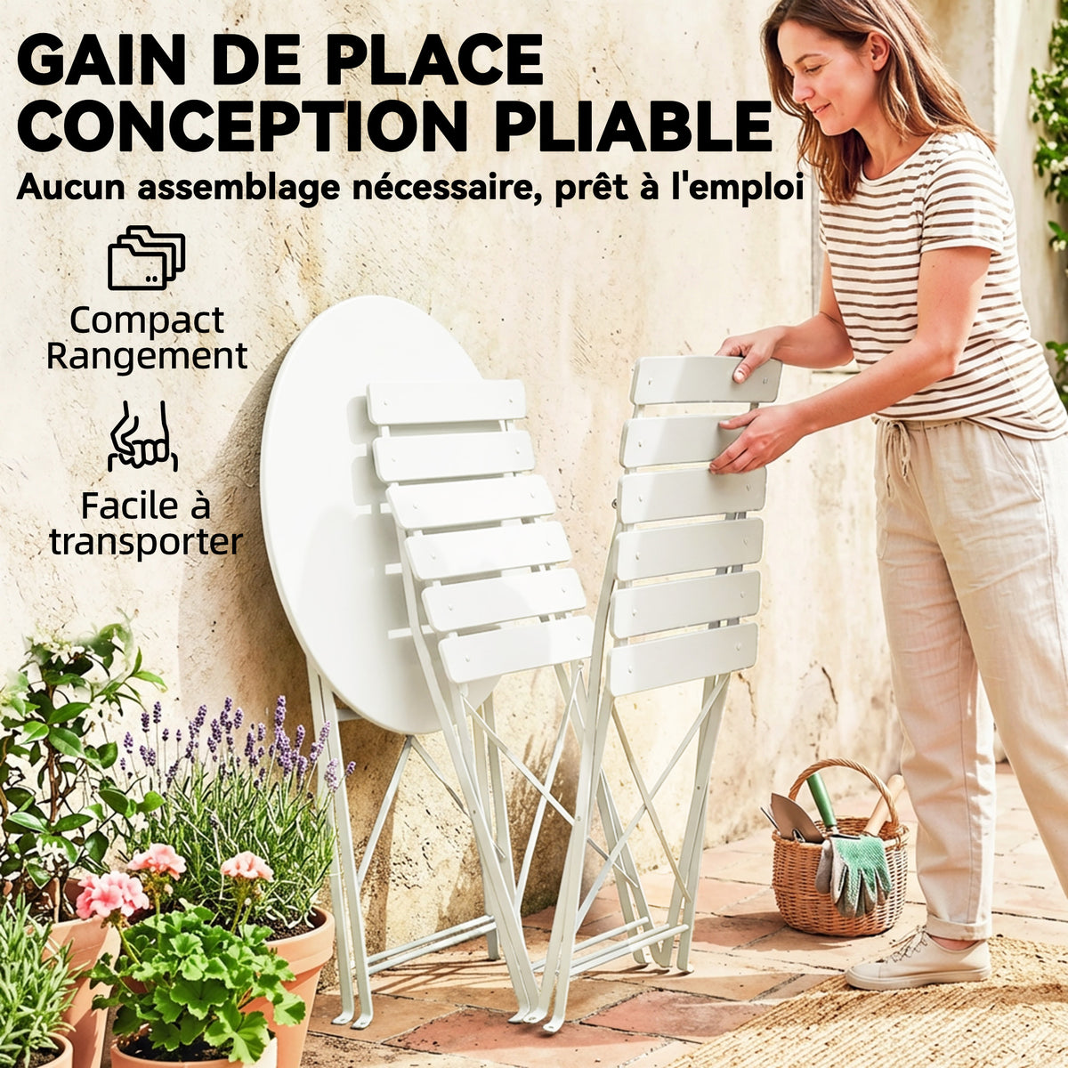 Ensemble Bistrot de Jardin 3 Pièces Table et 2 Chaises Pliantes à Lattes Double Protection Antirouille Crème