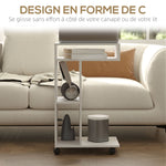C-förmiger Beistelltisch mit Rollen, mit 3 Fächern und 1 offenem Regal, 40 x 30 x 69 cm, weiß