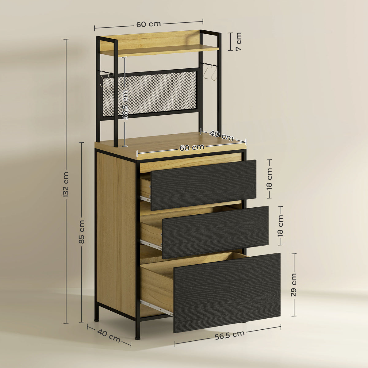 Armoire de cuisine style industriel avec 3 tiroirs, plan de travail, étagère et 4 crochets, 60x40x132cm
