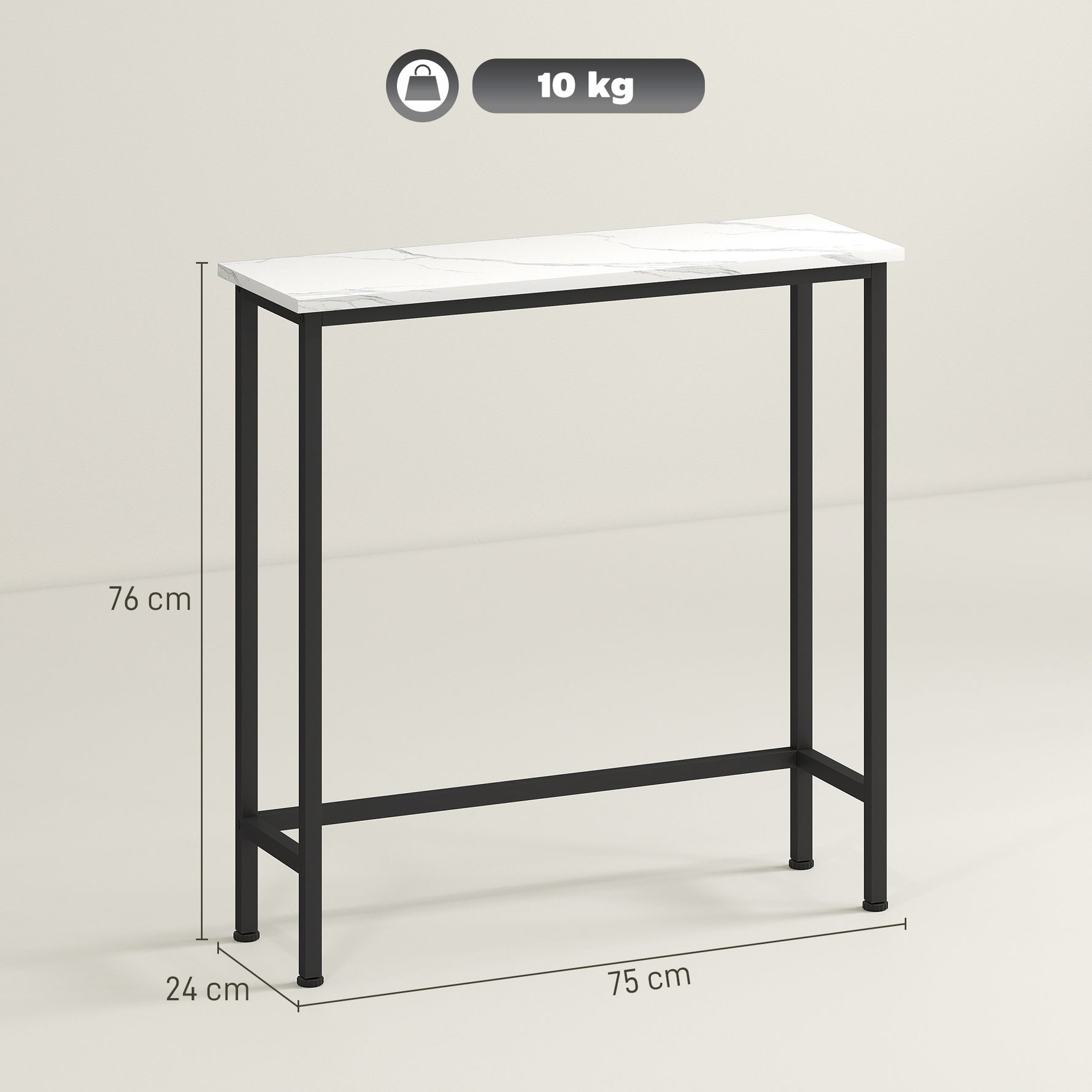 Console meuble 75 cm, table console plateaux en effet marbre, cadre en métal, style moderne blanc et noir