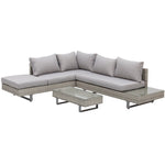 Salon de jardin extérieur d'angle 5 places design contemporain coussins déhoussables table basse acier époxy résine tressée grise