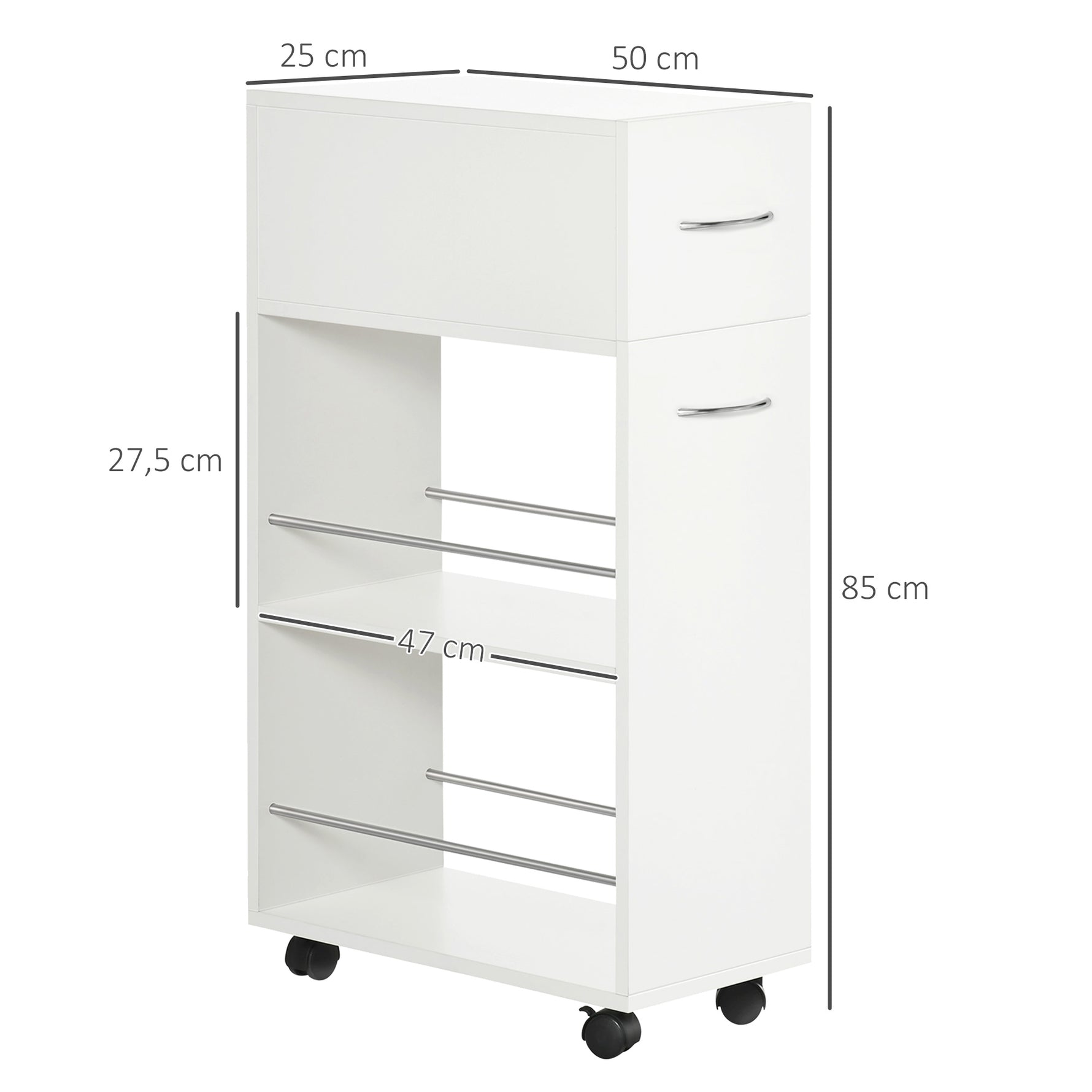 Chariot de cuisine avec 1 tiroir et 2 étagères ouvertes sur roulettes pour 25 x 50 x 85 cm Blanc