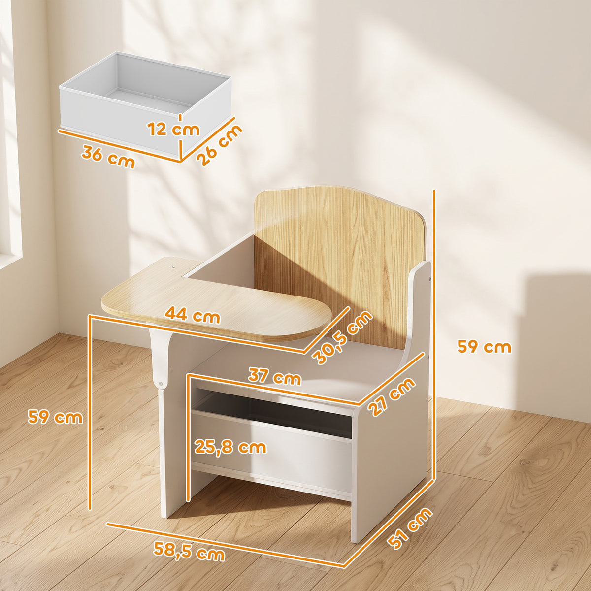 Scrivania e sedia per bambini con contenitore, set tavolo attività 2-in-1 per disegno, lettura e giochi, bianco