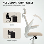 Chaise bureau ergonomique, fauteuil de bureau, accoudoirs relevables, soutien lombaire, appui-tête, 60x63x120cm, beige