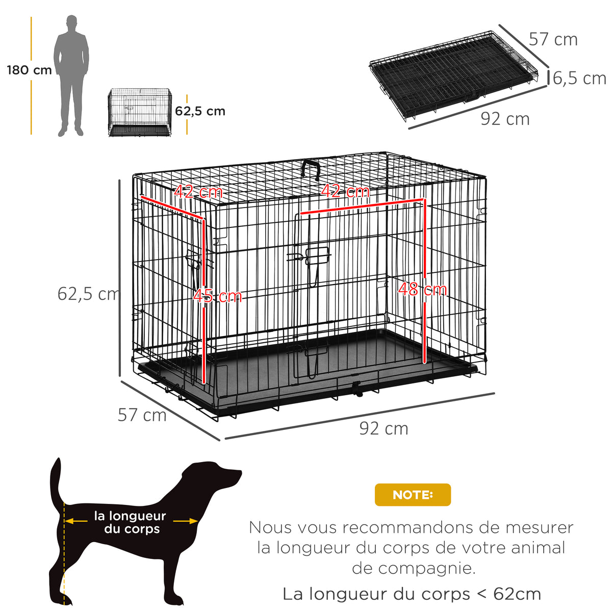 Lot de 2 cages pour chiens caisse de transport pliante pour chien en acier noir 92 x 57 x 62,5 cm