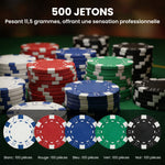 Mallette de poker coffret de poker complet 500 jetons, boîtier en ABS, cartes à jouer, dés, dealer, tapis, clés