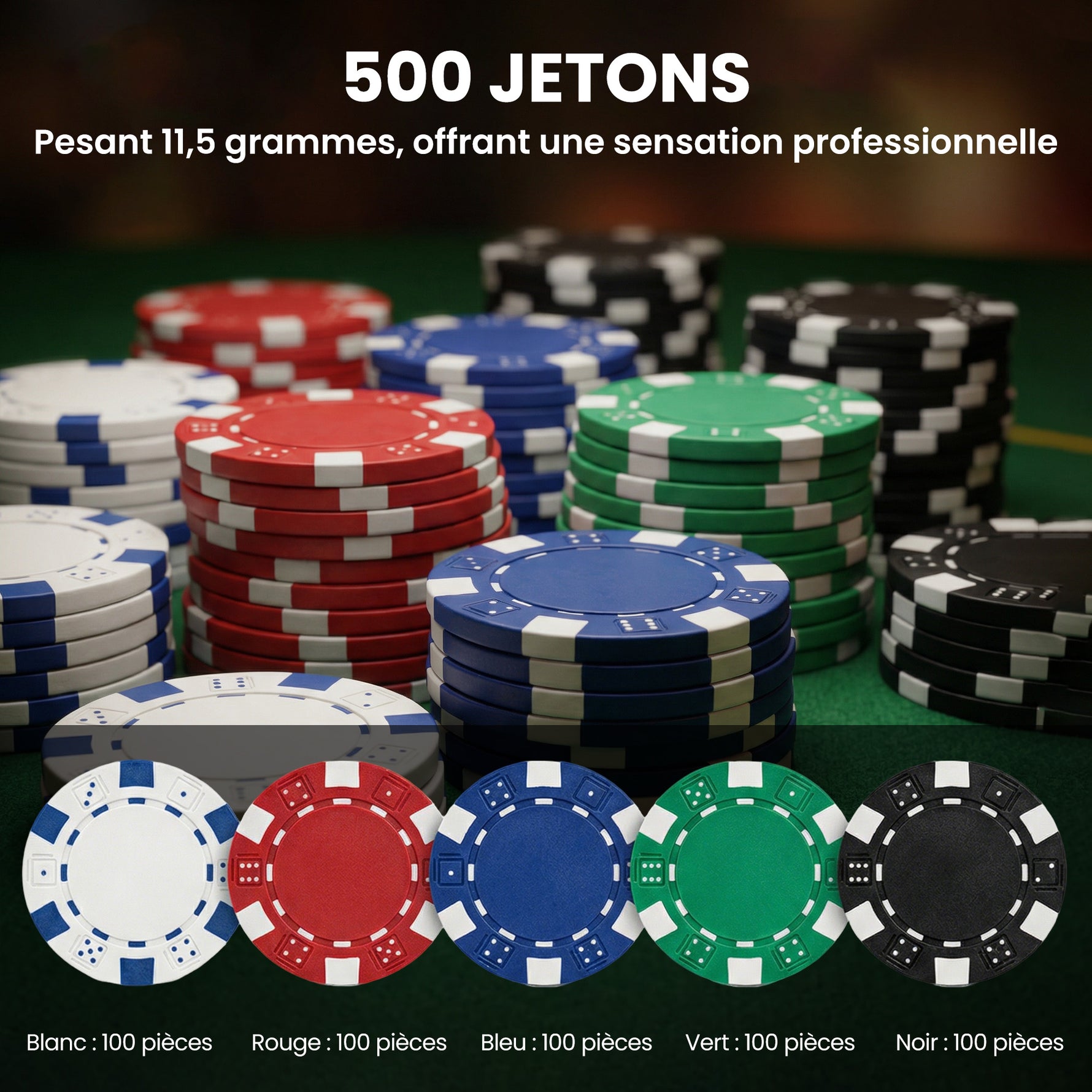 Mallette de poker coffret de poker complet 500 jetons, boîtier en ABS, cartes à jouer, dés, dealer, tapis, clés