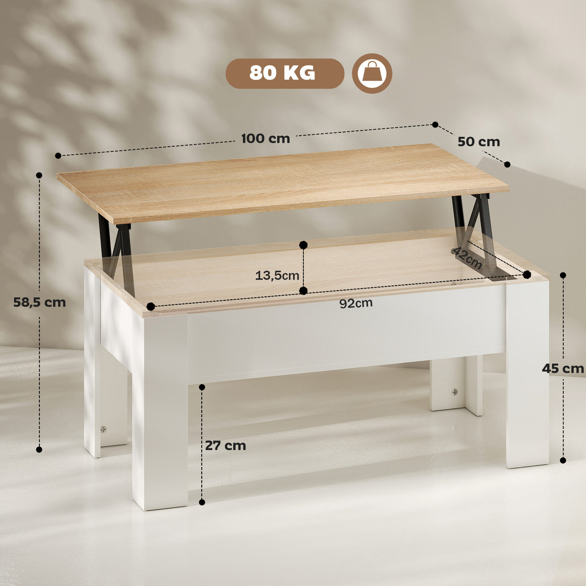 Tavolino da salotto sollevabile, tavolo con vano nascosto, stile moderno, per soggiorno, ufficio, 100x50x45cm, bianco
