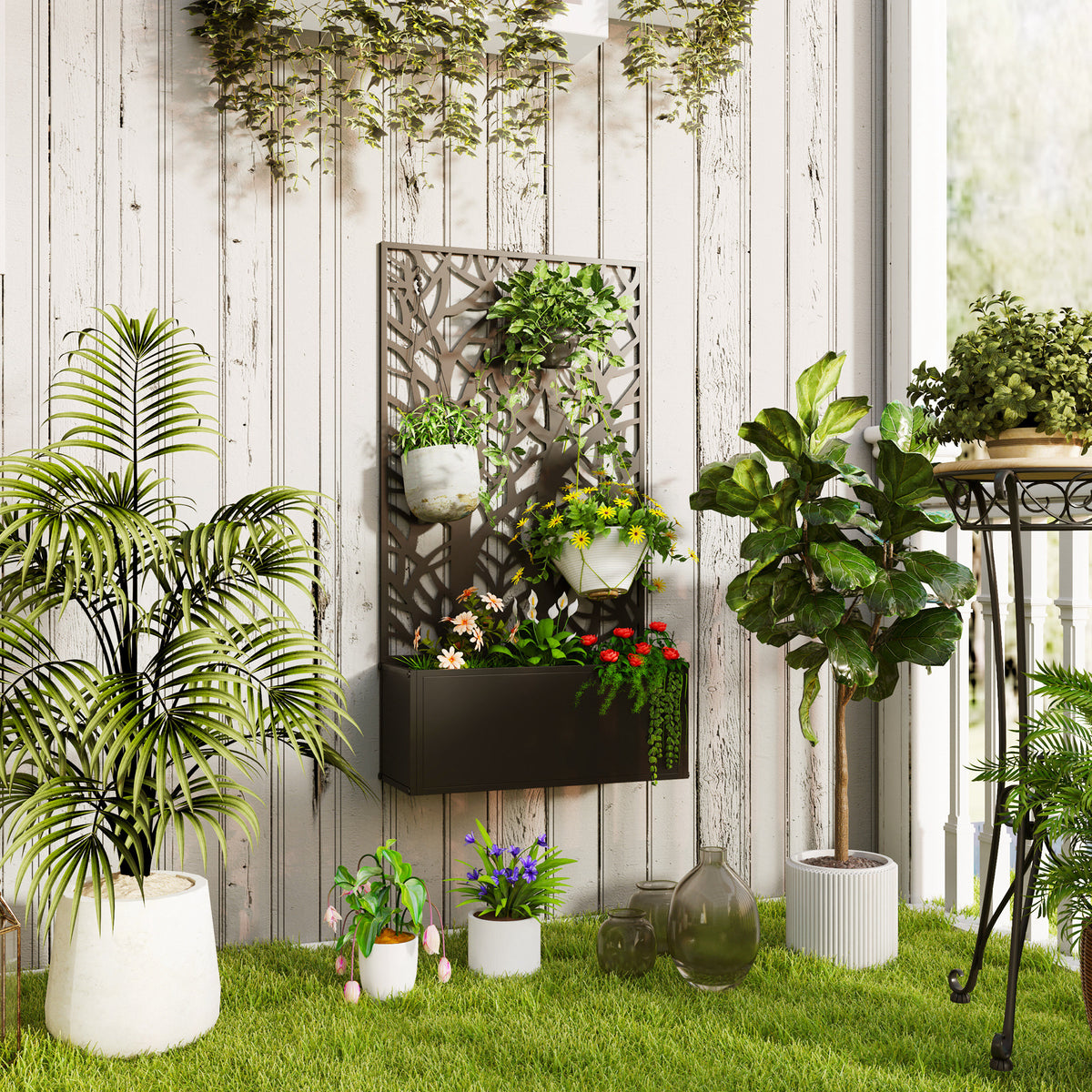 Jardinière avec treillis, bac à fleurs pour plantes grimpantes, légumes, fleurs en métal 61 x 23 x 113 cm noir