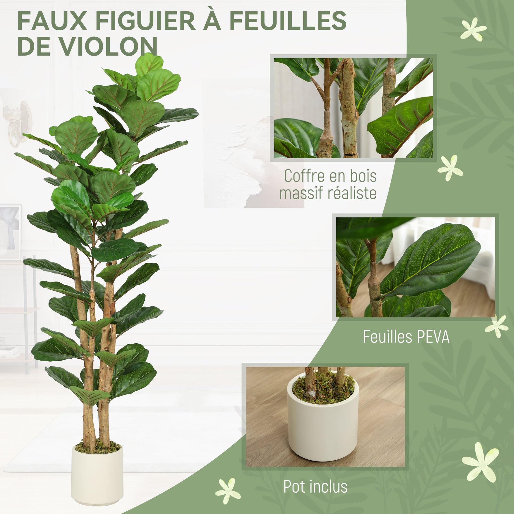 Plante artificielle intérieure 150 cm Figuier lyre arbre artificiel avec pot en plastique et tronc en bois massif, vert