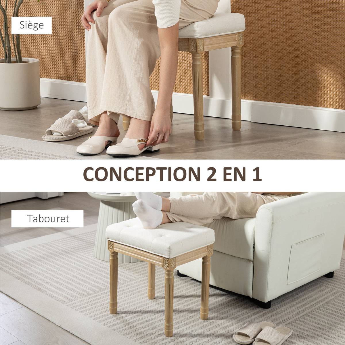 Voetenbank voor woonkamer, hocker, gestoffeerde zitting met linnenlook en poten van rubberhout, 42 x 32 x 46,5 cm, beige