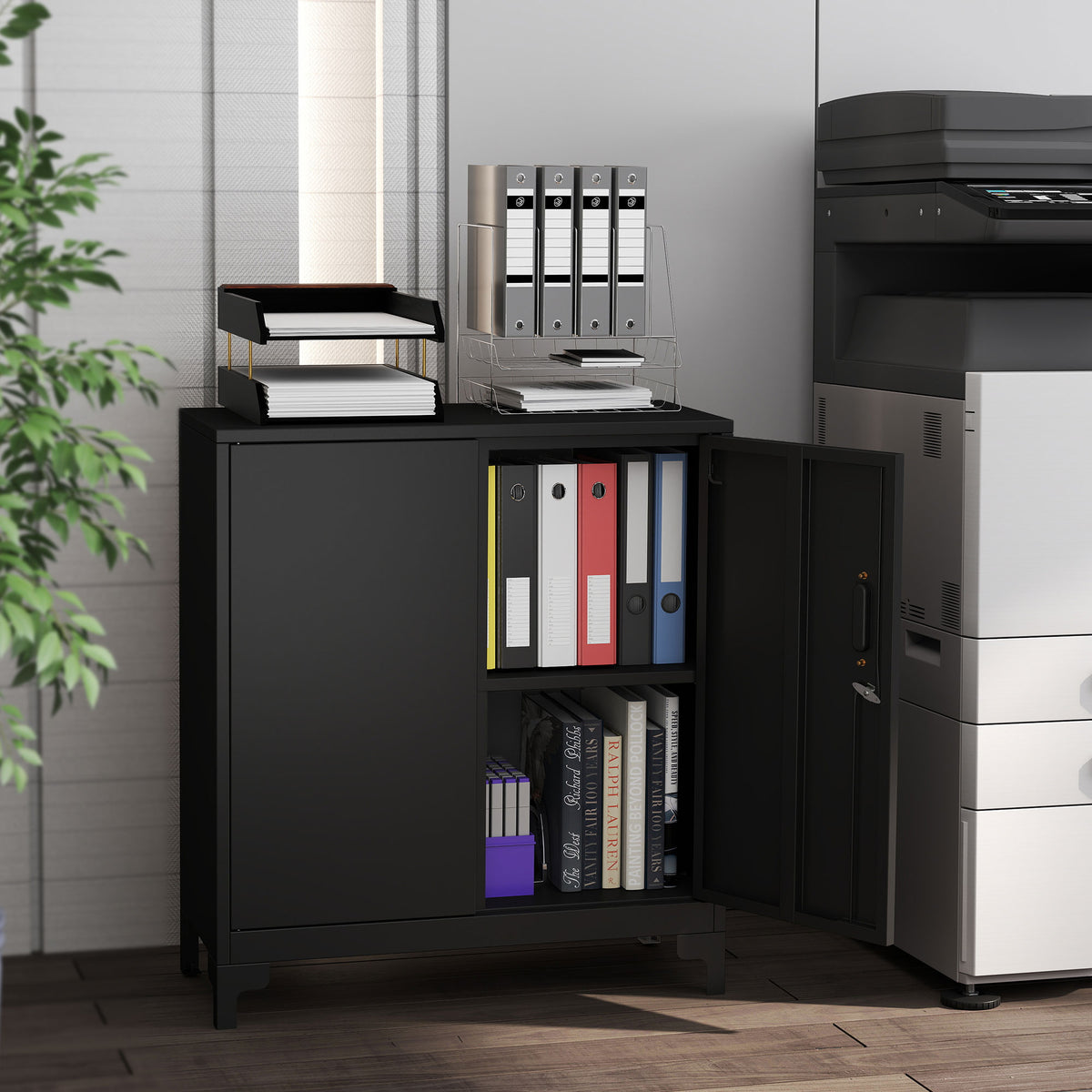 Büroschrank mit 2 Ebenen, Metall-Büroaufbewahrung mit 2 abschließbaren Türen, 80 x 35 x 91 cm, schwarz