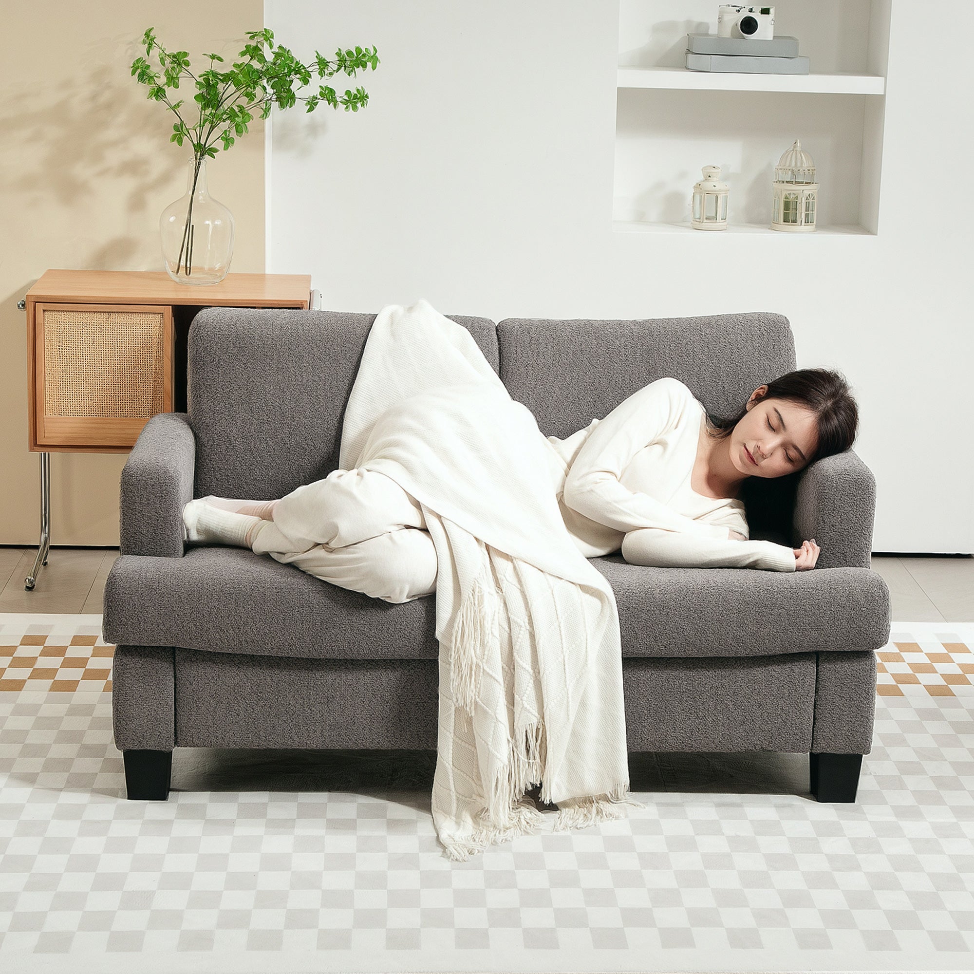 Canapé 2 places 120 cm avec coussins de dossier amovibles, tissu chenille pour salon, chambre, bureau, gris foncé