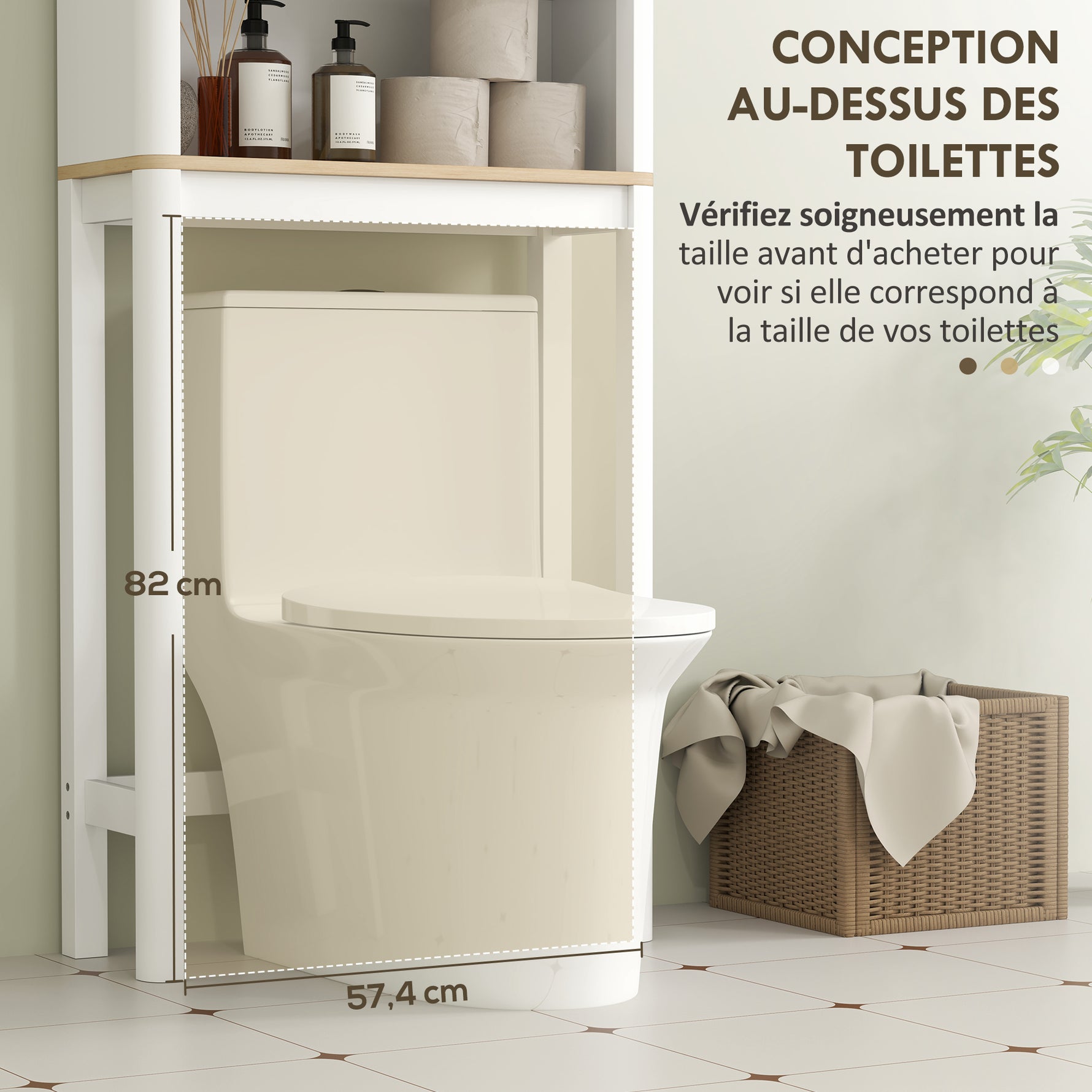 Meuble de rangement au-dessus des toilettes avec porte cannelée, compartiments, étagère réglable, 65x25x170cm, blanc