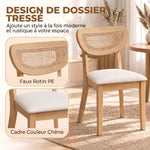 Juego de 2 sillas de comedor, sillas de cocina tapizadas en lino, respaldo con efecto ratán y patas de madera de caucho, beige
