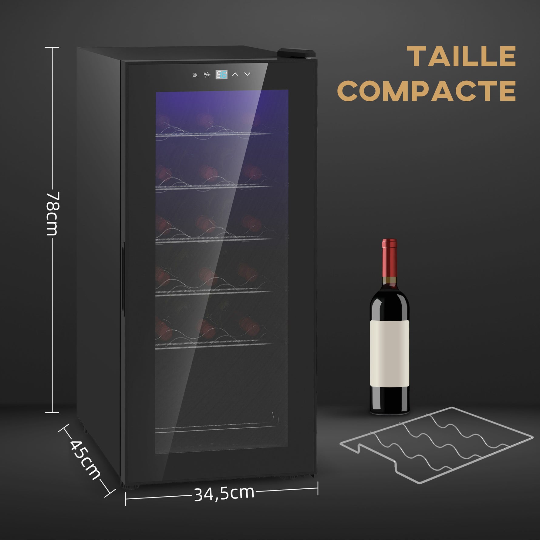 Cave à vin 18 bouteilles 50L haute performance température réglable 5-18° avec lumière LED, noir