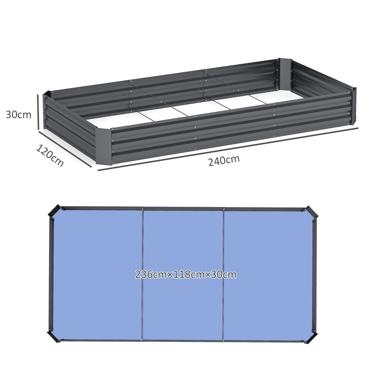 Fioriera da esterno rettangolare per orto in acciaio zincato con bordo di sicurezza e fondo aperto 240 x 120 x 30 cm grigio scuro