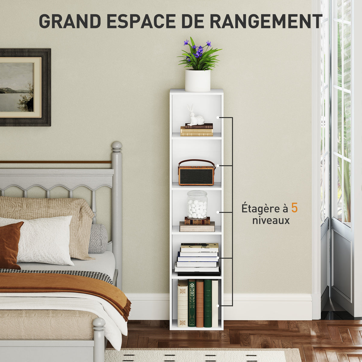 Bibliothèque étagère de rangement 5 niveaux avec étagères réglables pour salon, chambre, bureau, 30x24x133,5cm, blanc
