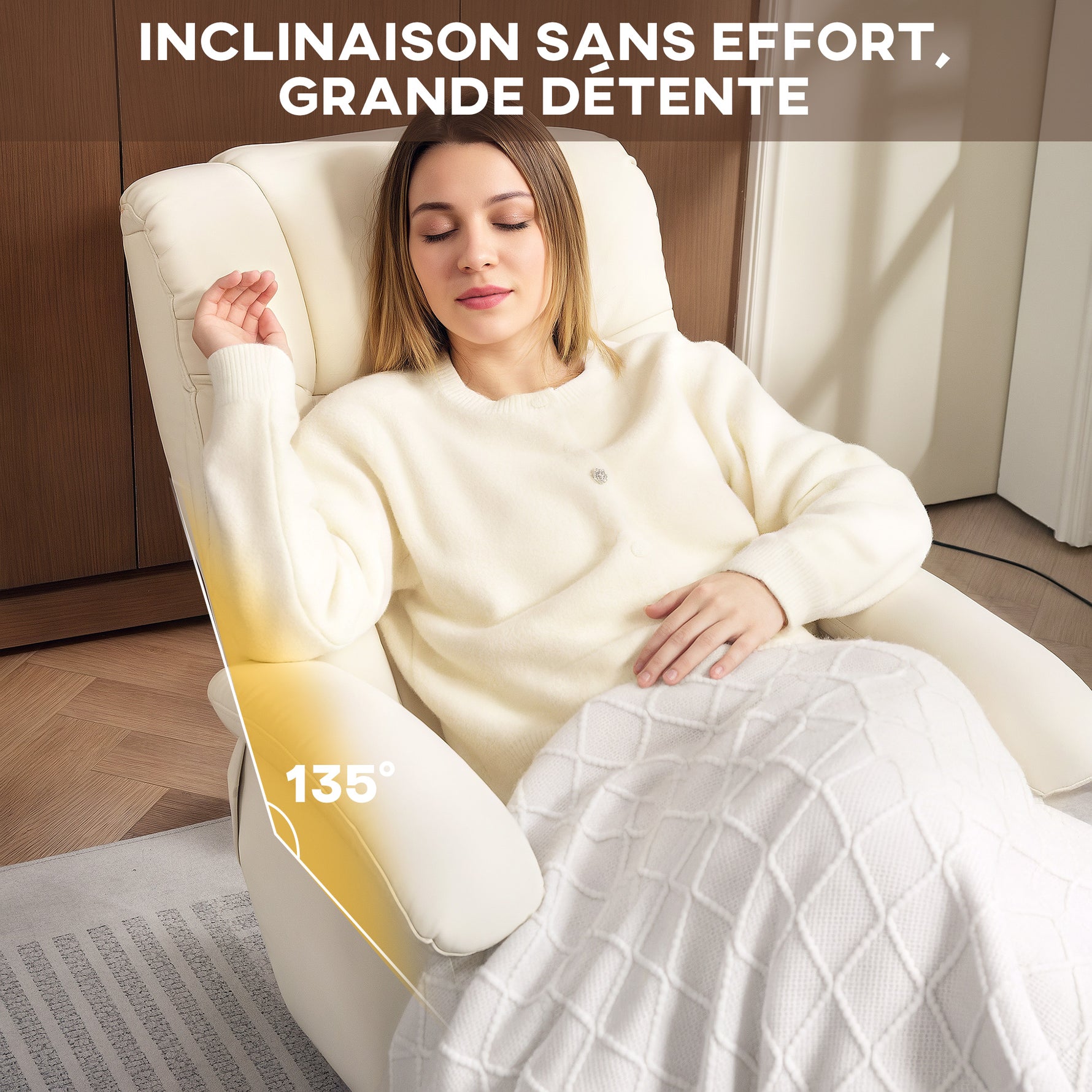 Fauteuil relax avec repose-pied fauteuil de relaxation pivotant 360° dossier inclinable charge 120 Kg crème