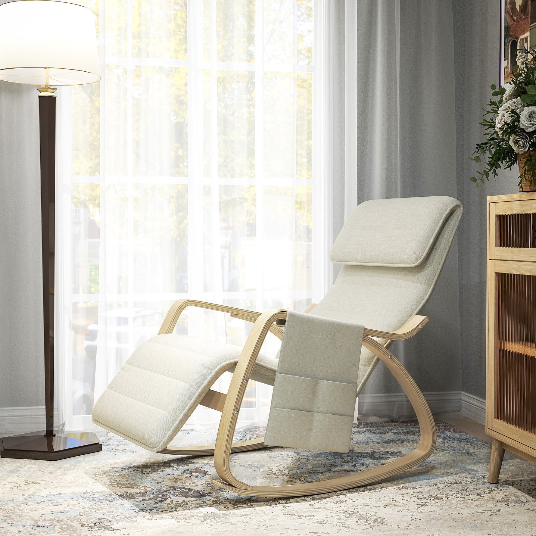 Fauteuil relax à bascule fauteuil allaitement avec repose-pieds réglable, poche latérale et appui-tête, blanc crème