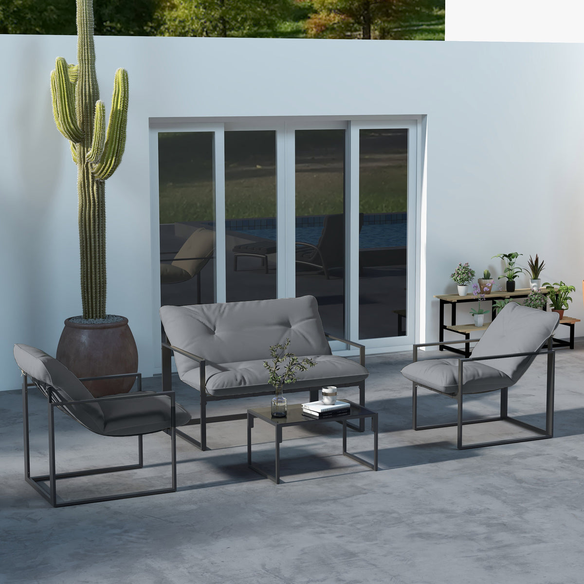 Conjunto de jardín de 4 piezas para 4 personas con sofá de 2 plazas, 2 sillones y 1 mesa de centro gris