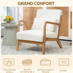 Fauteuil lounge - 3 coussins inclus - assise profonde - accoudoirs - structure bois hévéa - aspect velours crème