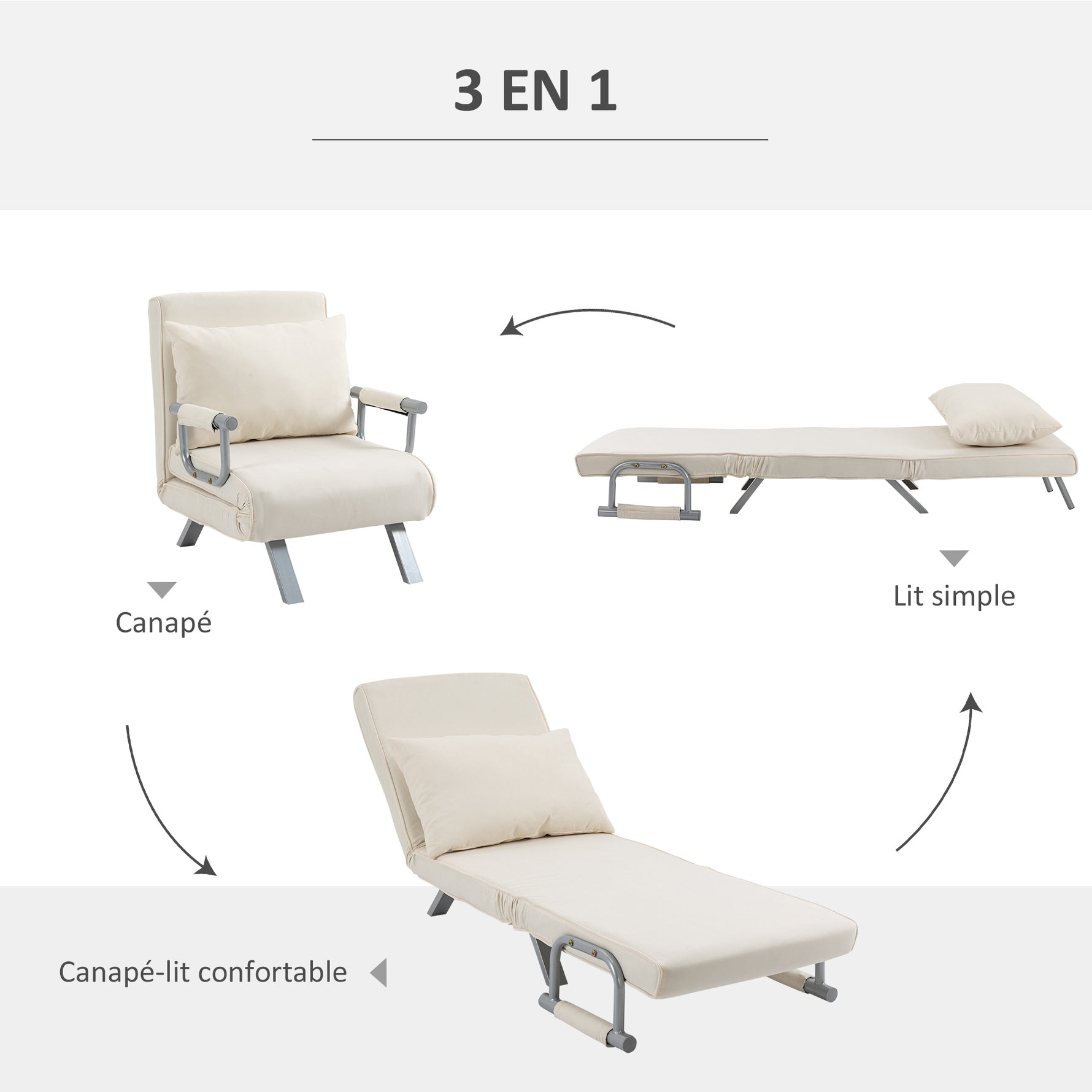 Fauteuil chauffeuse canapé-lit Convertible 1 Place déhoussable Grand Confort Coussin Pieds accoudoirs