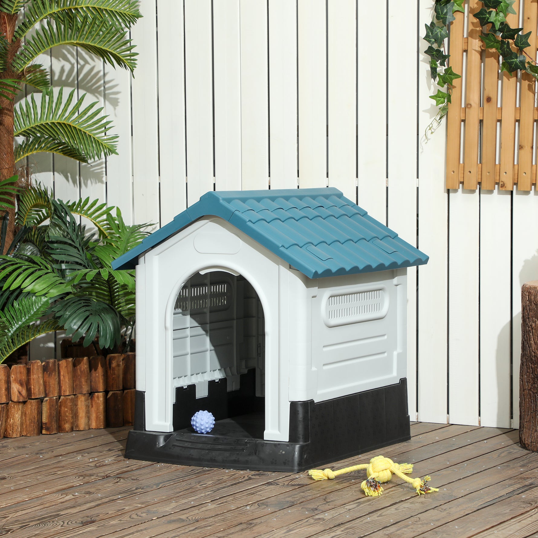 Niche pour chien chenil à l'extérieur pour chiens de petite et moyenne taille 64,5 x 57 x 66 cm blanc et bleu
