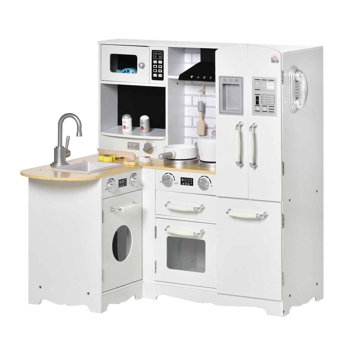 Cuisine pour Enfant 3-6 ans Jeu d'imitation Nombreux Accessoires rangements évier, robinet, four, micro-ondes, hotte, téléphone et réfrigérateur Blanc