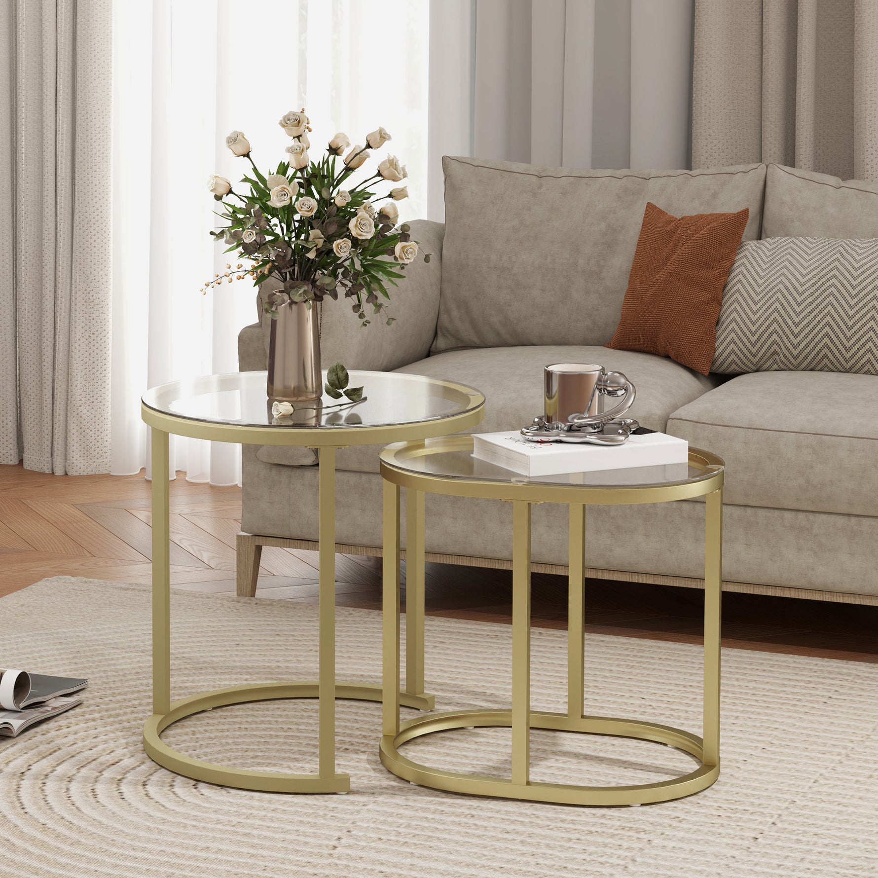 Lot de 2 tables basses tables d'appoint gigognes encastrables structure en acier et plateau verre trempé transparent or