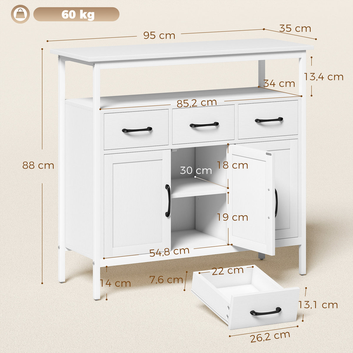 Buffet cuisine, meuble de rangement, 3 portes, 3 tiroirs, compartiment ouvert et étagères réglables, 95x35x88cm, blanc