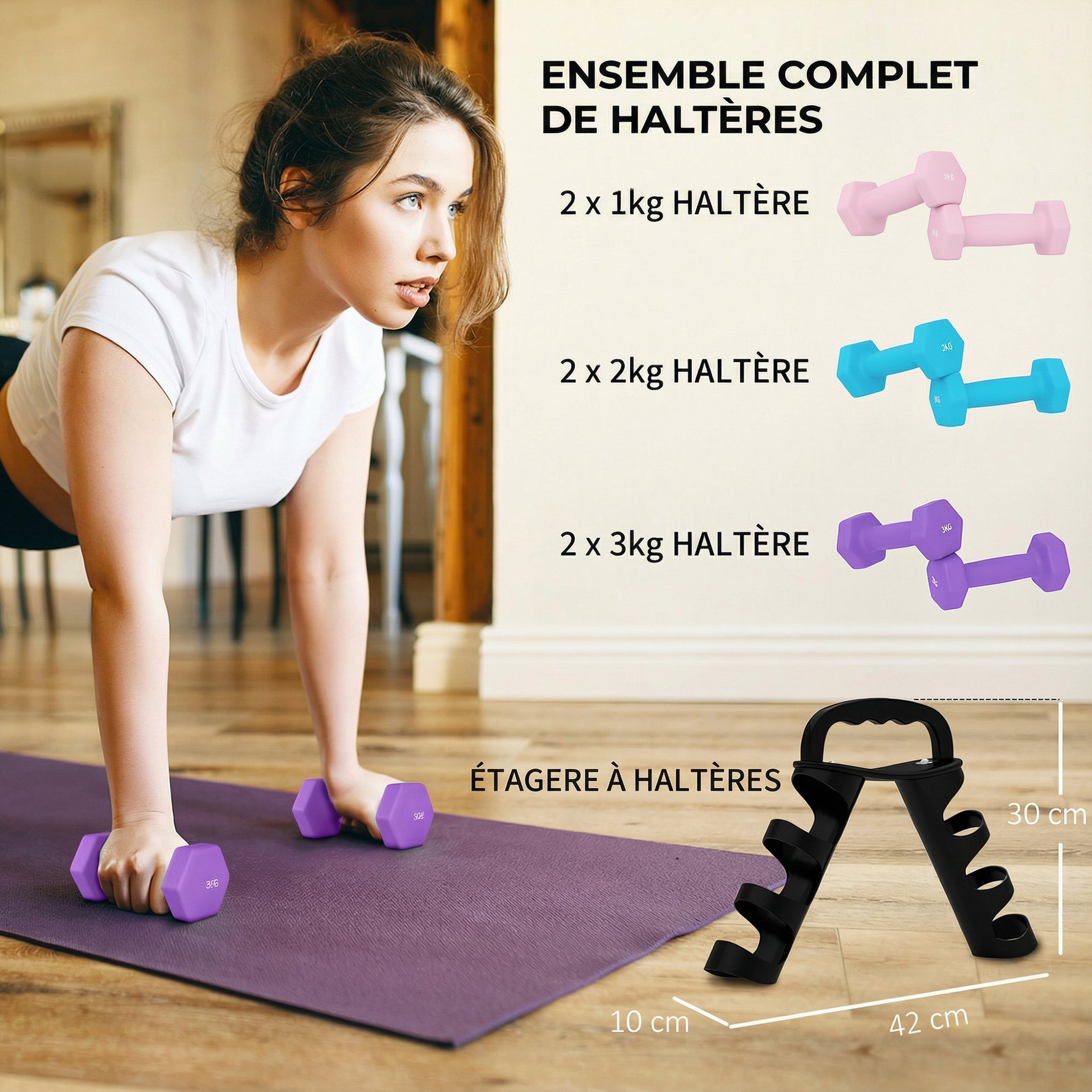 Lot d'haltères hexagonaux, haltères musculation, 2 x 1 kg, 2 x 2 kg, 2 x 3 kg, avec support convertible d'haltères