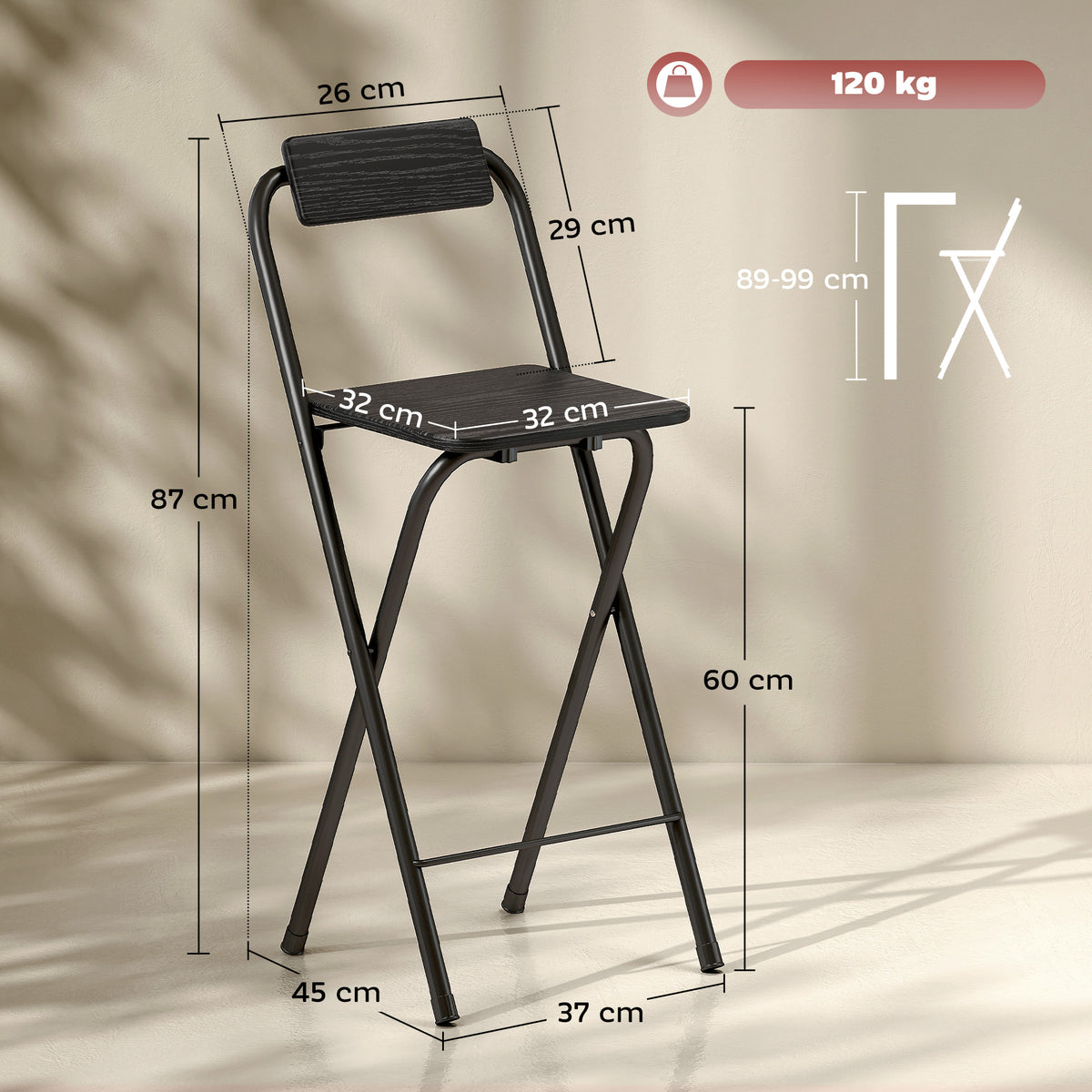 Lot de 2 tabourets de bar pliables avec dossier et repose-pieds, cadre en acier, 87 cm de haut, noir