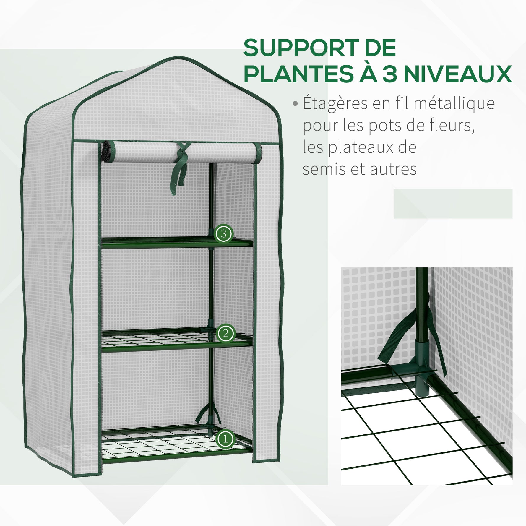 Serre de Jardin étagère 3 Niveaux dim. 59L x 39l x 127H cm métal thermolaqué Vert PE Haute densité 140g/m² Blanc