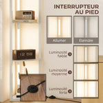 Lampadaire sur Pied Salon, Lampadaire avec Étagères d'Angle à 4 Niveaux, Lampe LED Dimmable, 41x29,5x163,5cm, Chêne