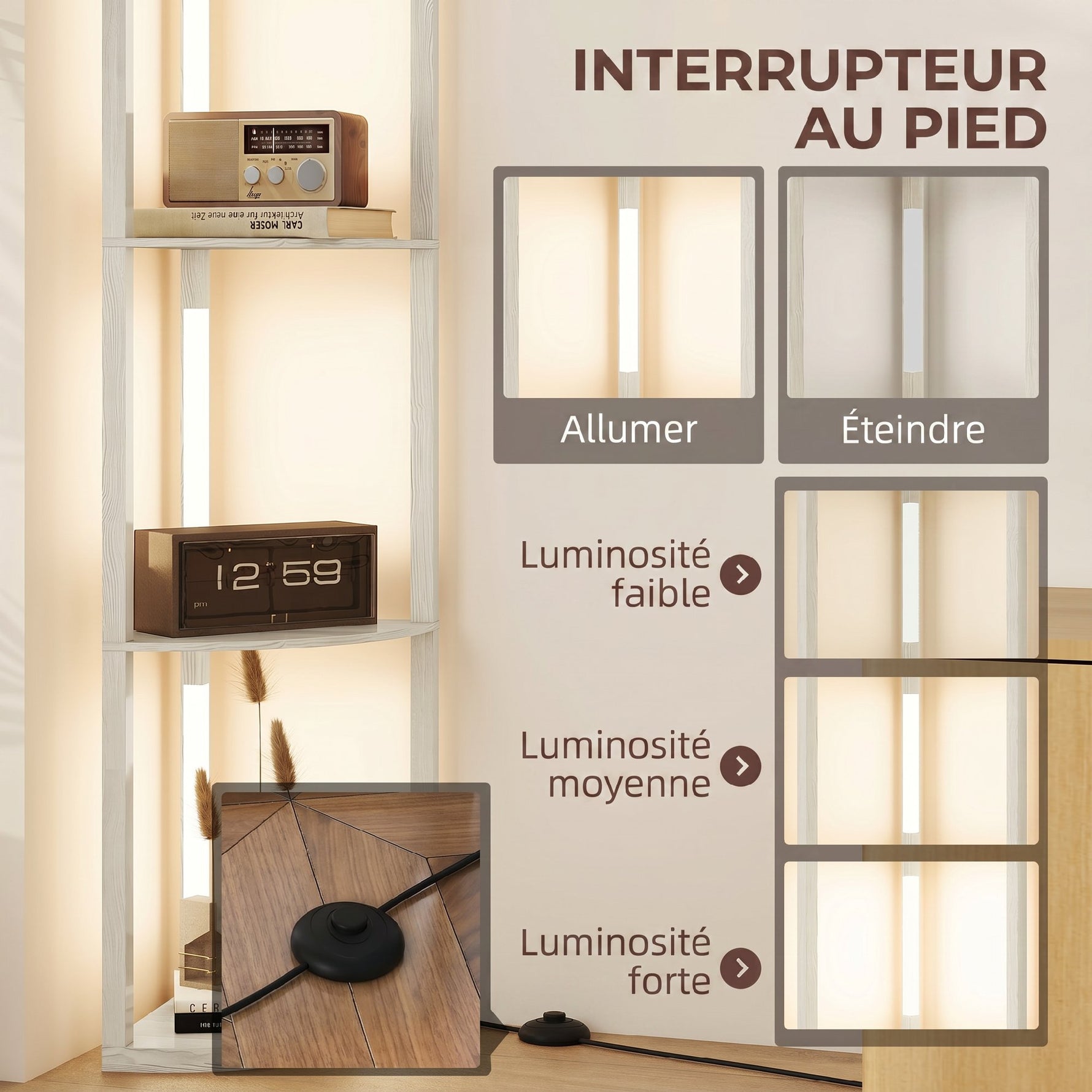 Lampadaire sur Pied Salon, Lampadaire avec Étagères d'Angle à 4 Niveaux, Lampe LED Dimmable, 41x29,5x163,5cm, Chêne