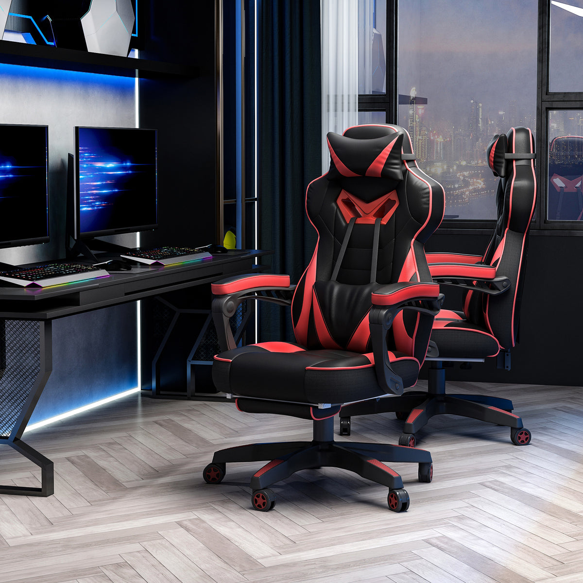 Chaise gaming Ergonomique, Fauteuil de Bureau confortable avec Repose-Pied, Appuie-Tête et coussin lombaire, Hauteur Réglable, noir et rouge
