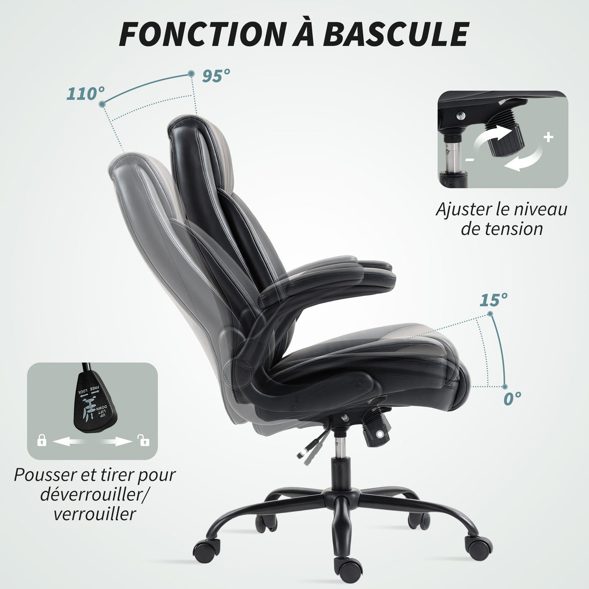 Fauteuil de bureau avec accoudoirs relevables, chaise de bureau ergonomique, hauteur réglable, fonction de bascule, noir
