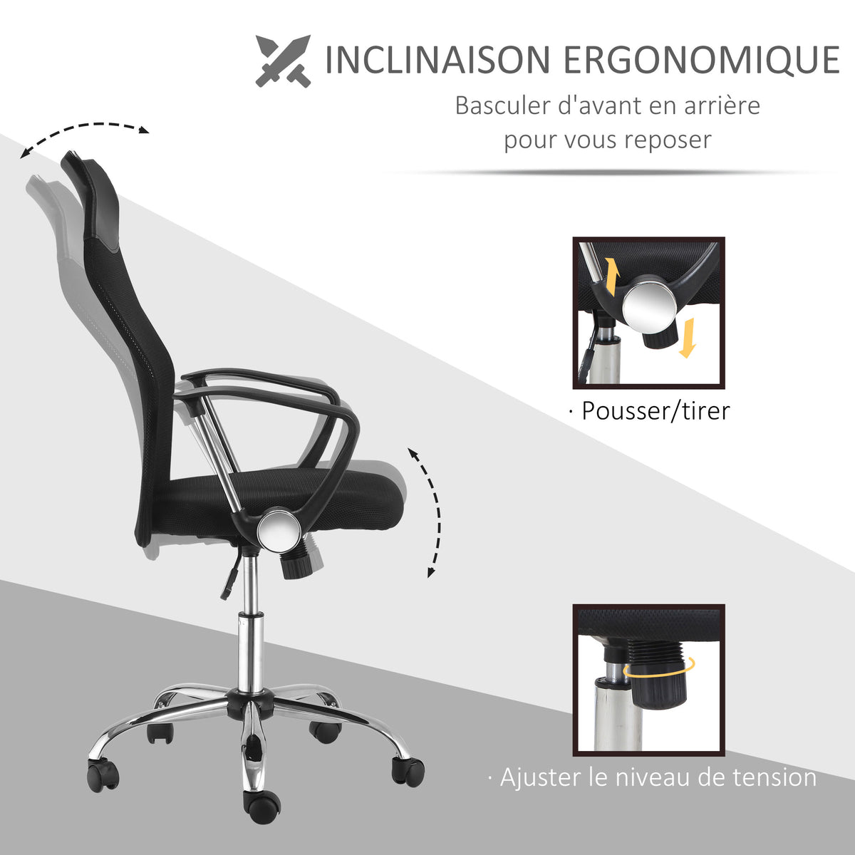Lot de 2 fauteuils de bureau manager dossier ergonomique hauteur assise réglable pivotant tissu maille noir
