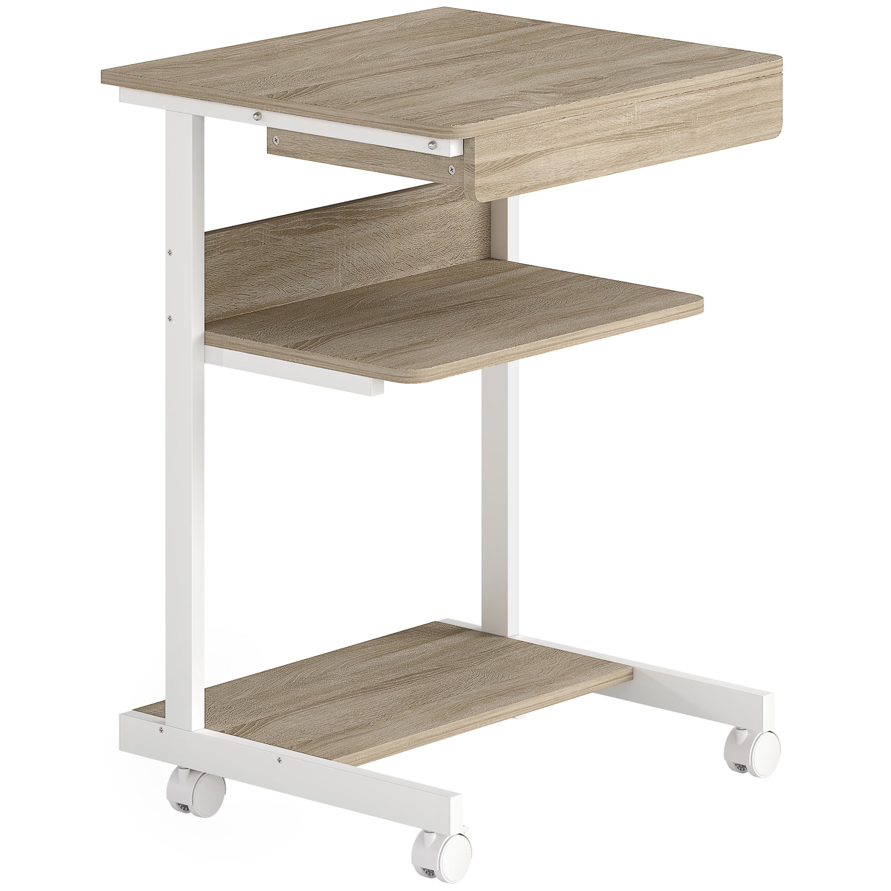 Bureau d'ordinateur sur roues, bureau avec rangement 56 x 51 cm avec tiroir, compartiment et support CPU, chêne