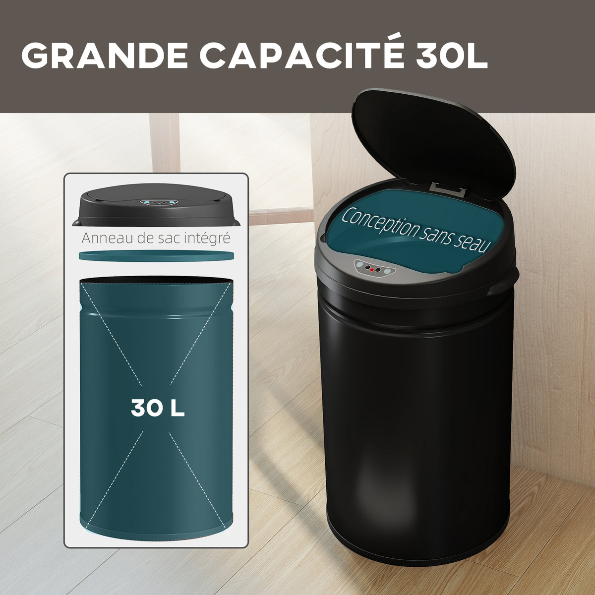 Poubelle cuisine automatique 30L acier inoxydable, poubelle à couvercle à fermeture en douceur, 32x30,5x51cm, noir