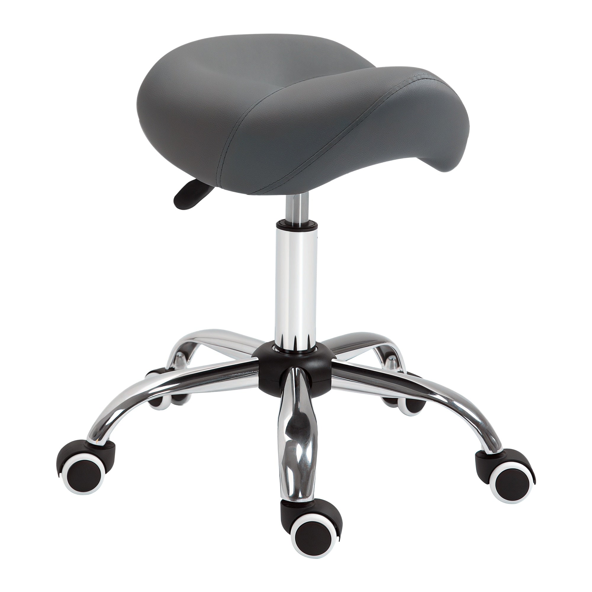 Kruk op wielen, massagekruk met in hoogte verstelbare zitting 49-61 cm en ergonomisch zadel, 360° draaibare werkstoel op wielen, voor massagesalon, tattoostudio, kliniek en spa, grijs