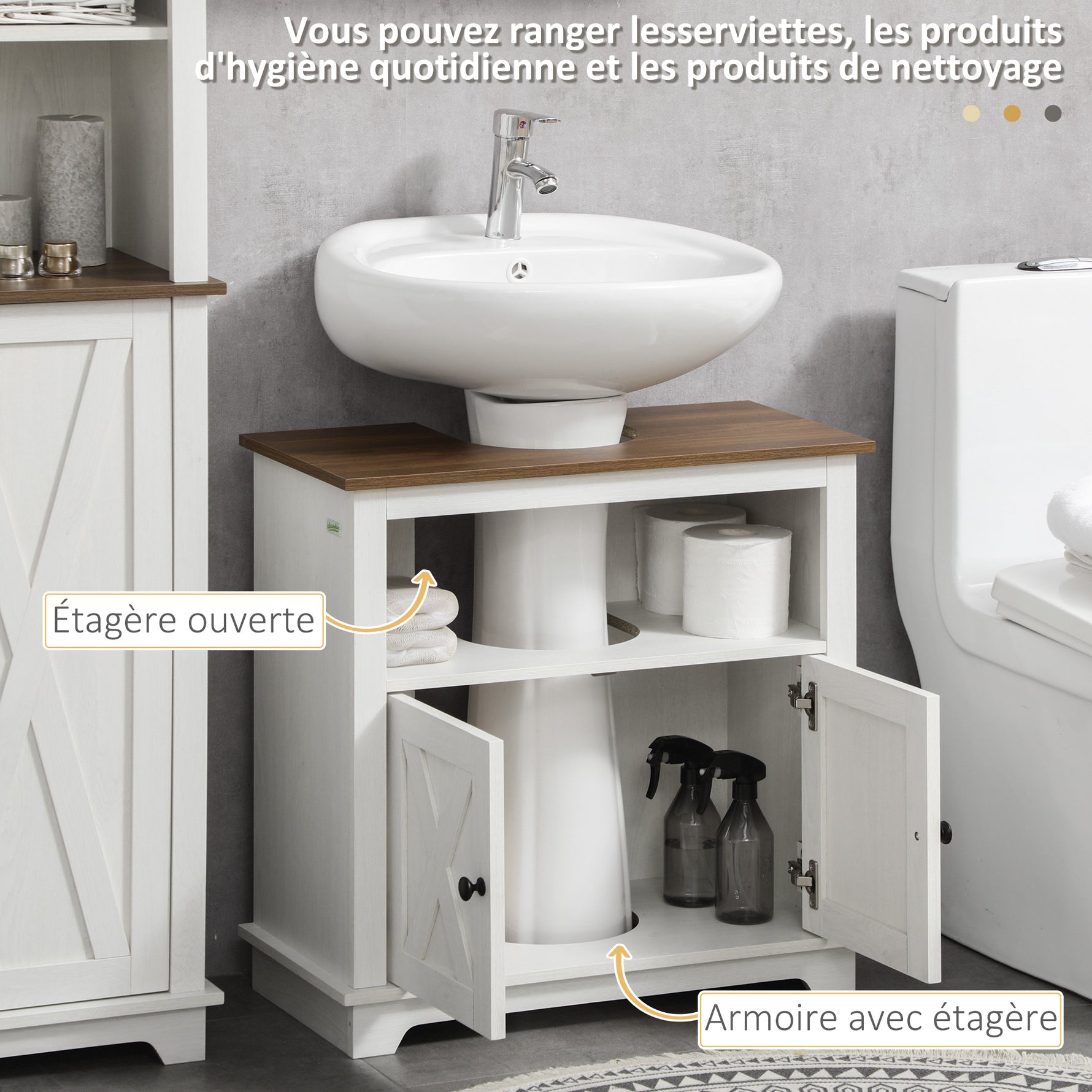 Meuble sous lavabo salle de bain meuble sous vasque - niche et placard à portes doubles, 60 x 30 x 60 cm, blanc